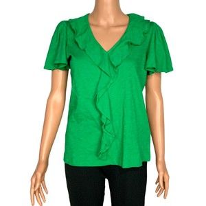 LAUREN Ralph Lauren Women's Petite Ruffle Trim Jersey Top Jardin Green Size S/P
